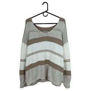 Knit Sweater Long Sleeve Striped Cotton Blend Taupe Brown Women's Size XL